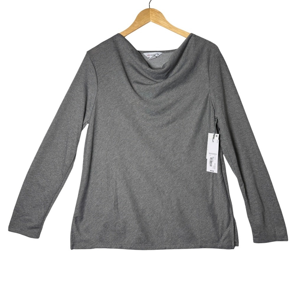 Liz Claiborne Womens Medium Grey Metallic Shimmer Cowl Neck Blouse Office New
